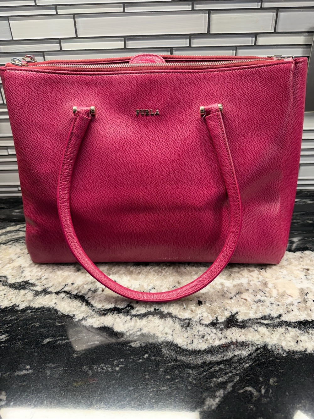 Furla Hot Pink Pebbled Leather Tote with Gold Logo